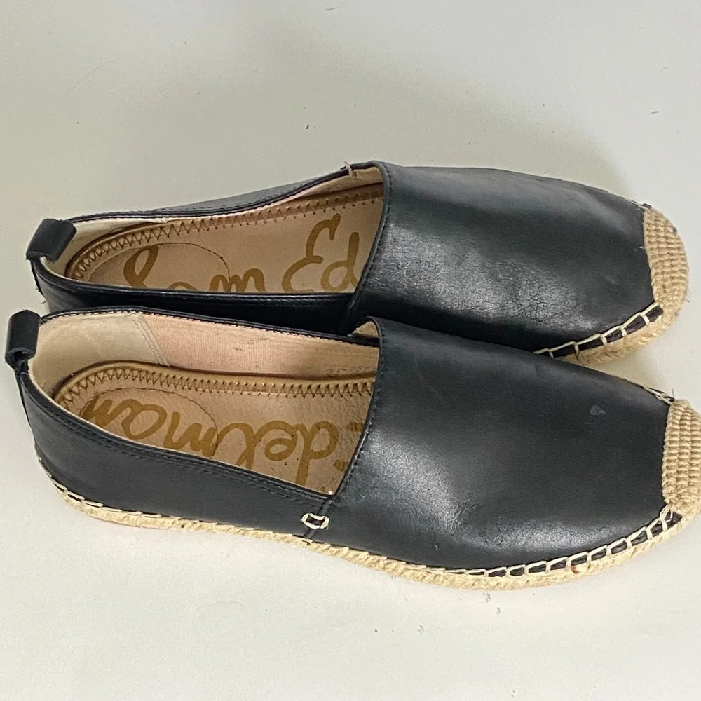 Sam Edelman Khloe Black Leather Espadrille Flats Jute Cap Toe Slip On Shoes 7M